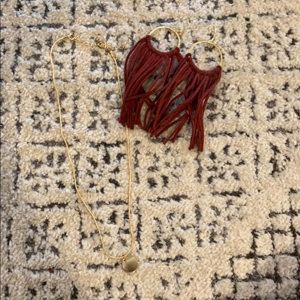 Gold circle charm necklace &maroon tassel earrings